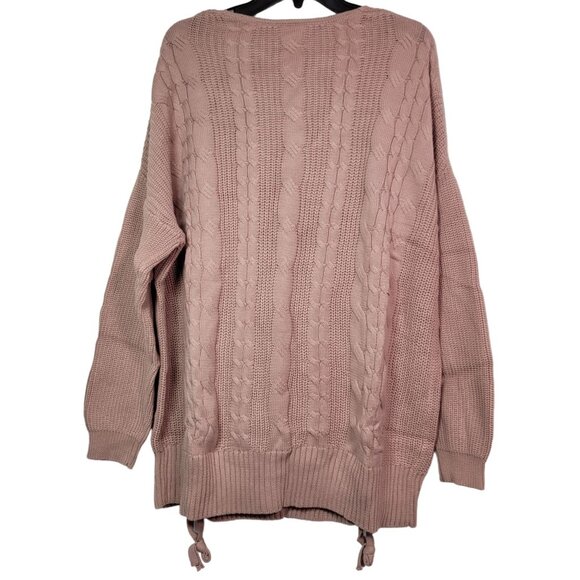 Cable-Knit Lace-Up Tunic Sweater V-Neck Long Sleeve Oversized Fit Pink X-Large - Picture 6 of 11